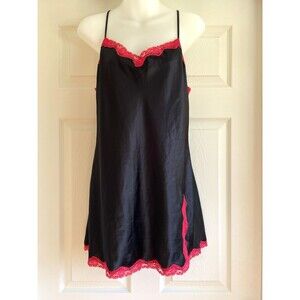 Vintage Y2K Victoria's Secret Black Satin Red Lace Mini Slip Dress Medium